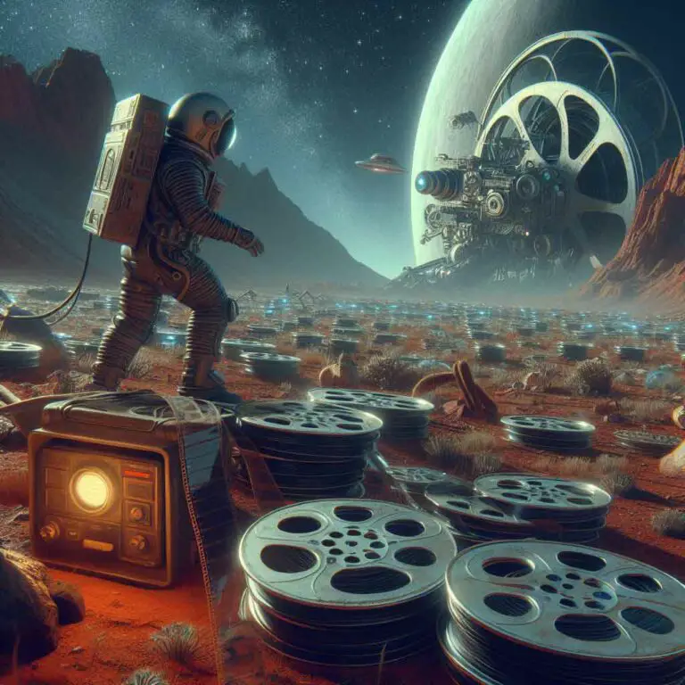 A spacesuit wearing astronaut shines their flashlight across the walls of an ancient open air cinema on an alien planet. Strange symbols cover the architecture and a pile of mysterious film reels sits undisturbed, containing screenplays unlike anything seen on Earth before. The discovery hints at creative secrets far beyond human imagination.