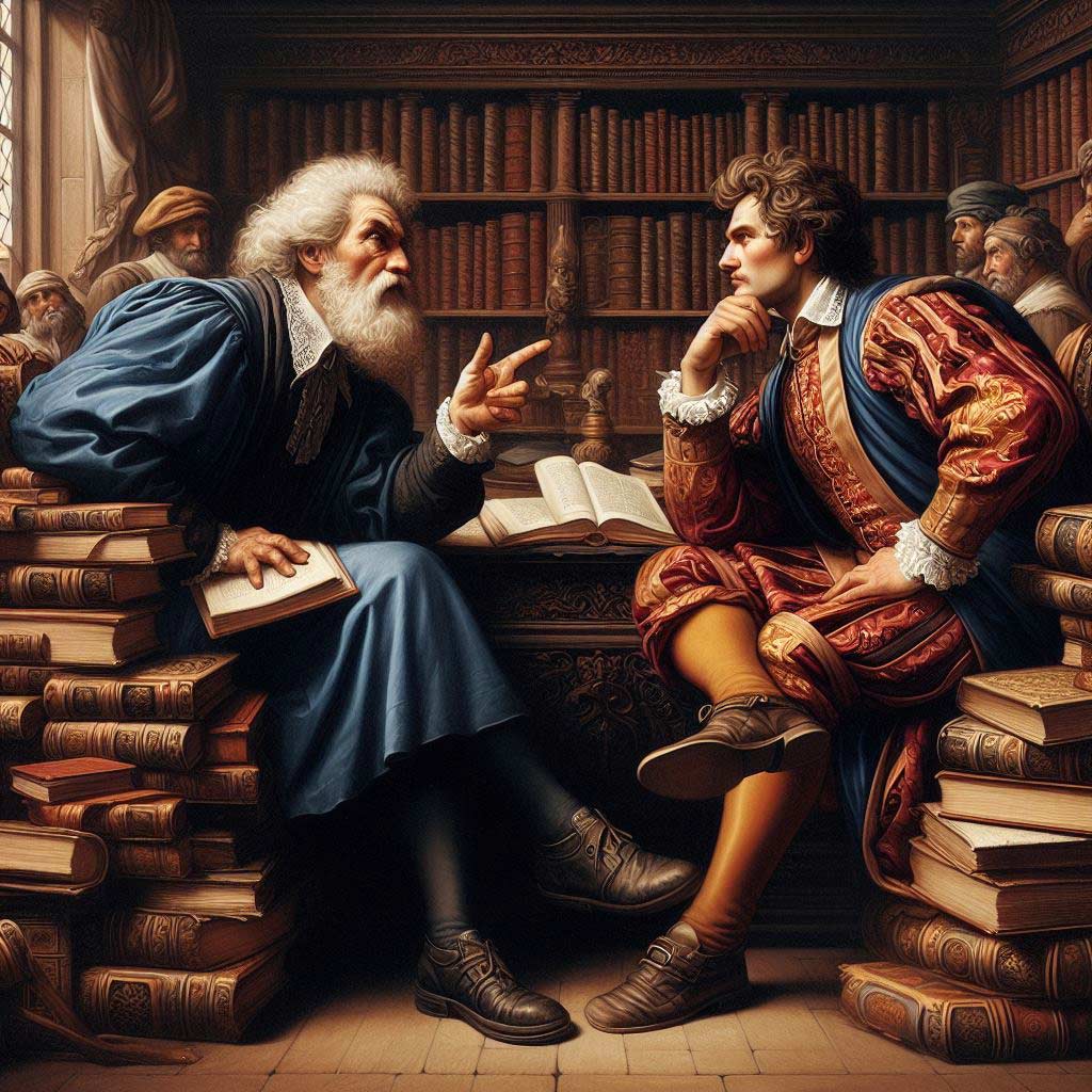 Two men in Baroque era clothing and wigs debating over a table in an ornate library. Bookshelves in background.