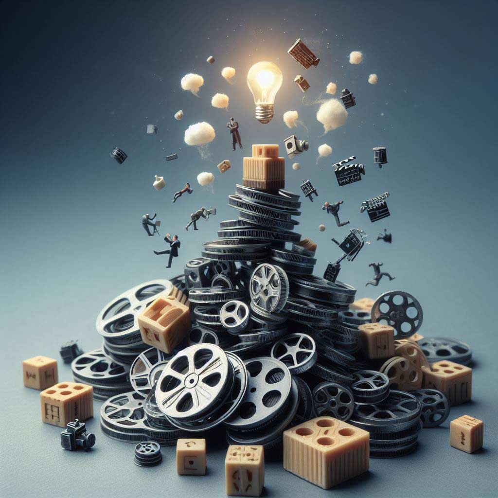 A tall stack of miniature film reels pouring out idea lightbulbs like a fountain of creativity. The reels are overflowing with infinite inspiration for screenplays.