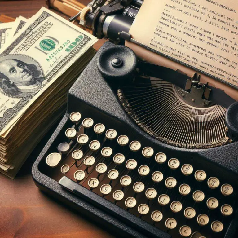 Close up of vintage typewriter with paper stack and partially inserted film script and piles of one hundred dollar bills next to it representing screenplay writing service costs
