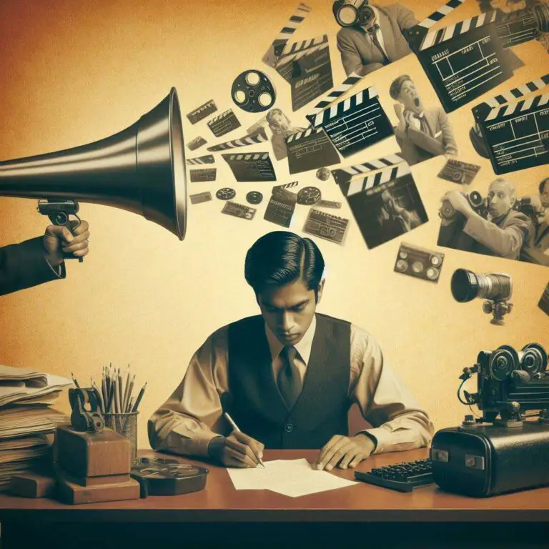 A retro megaphone in hand pointing upward with film reel scenes emitting from it above the head of a focused man in vintage clothing typing away on a script at a desk. Vintage decor fills the background including filmmaking clapperboard.