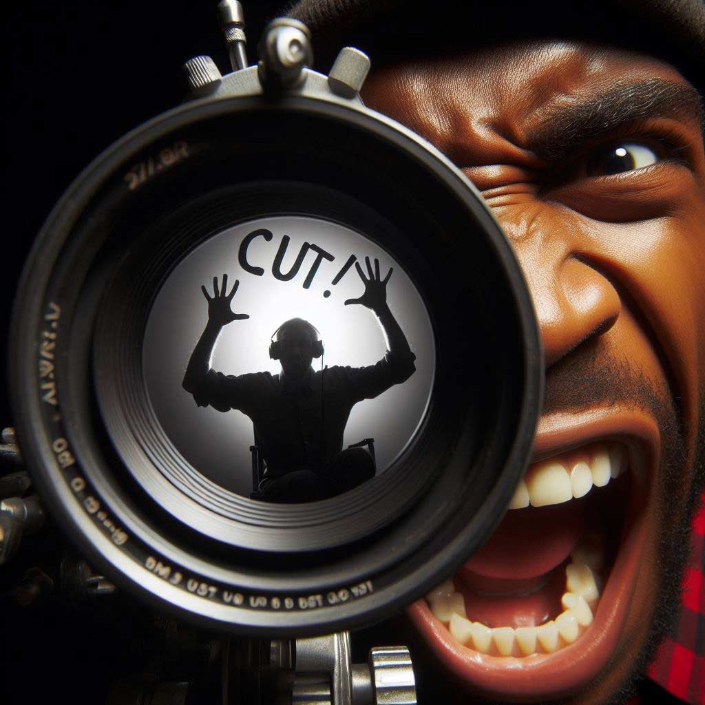 Extreme black and white closeup shot from behind an antique film camera lens. It captures a director in glasses and beret intensely yelling "cut!" while holding a vintage megaphone up to his mouth. His face occupies the entire frame as he calls out the crucial command. In the next instant, the scene dramatically shifts into complete darkness, exemplifying an abrupt "cut to black" transition within a screenplay.