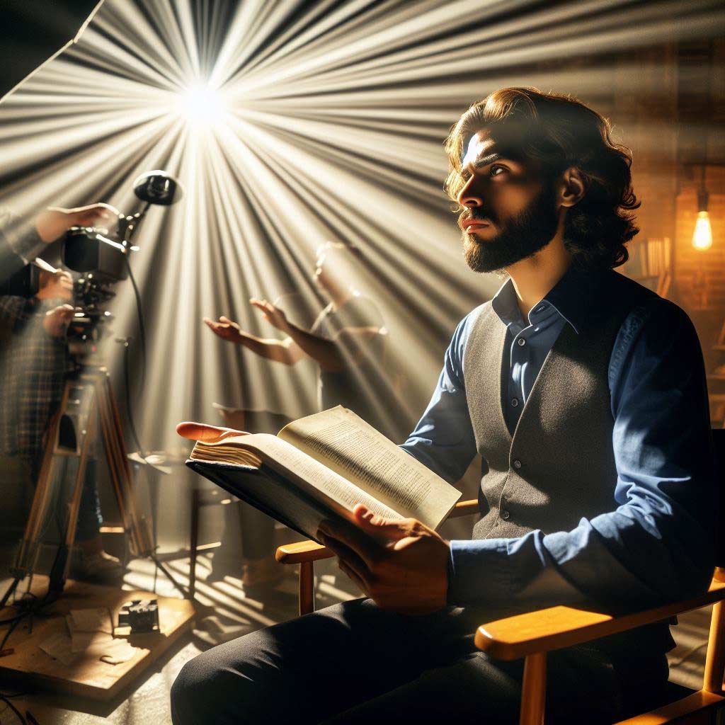 A movie director stands on set examining a script page with focused intensity. Rays of radiant light shine from the descriptive tone words within the text, implying the power carefully chosen language has in cinema.