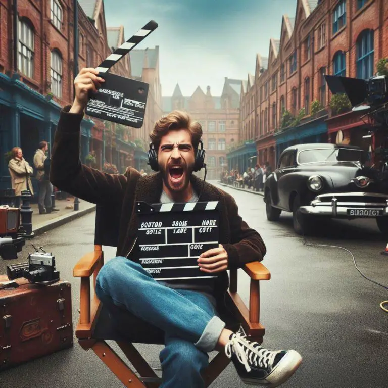 A movie director yells "cut" while sitting in a director's chair on a studio backlot, holding a clapperboard.