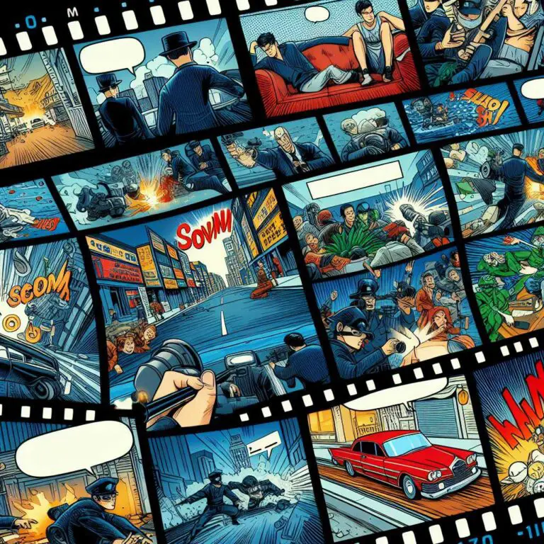 A filmstrip sequence of comic panels depicts the key elements that make up a scene in a screenplay script - establishment shot of location, introduction of characters, action paragraphs, and dialogue.