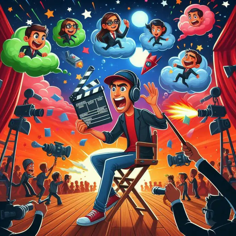 A cartoon scene depicting a movie director with clapperboard shouting action on a film set. Above him characters are jumping out of script pages into animated bubbles, coming to life off the page.