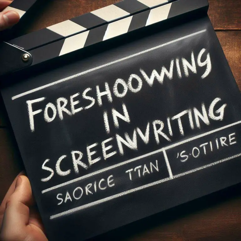 Close up image of a vintage clapperboard with the text "Foreshadowing in Screenwriting" handwritten in white chalk. The clapstick is partially covering the last few letters.