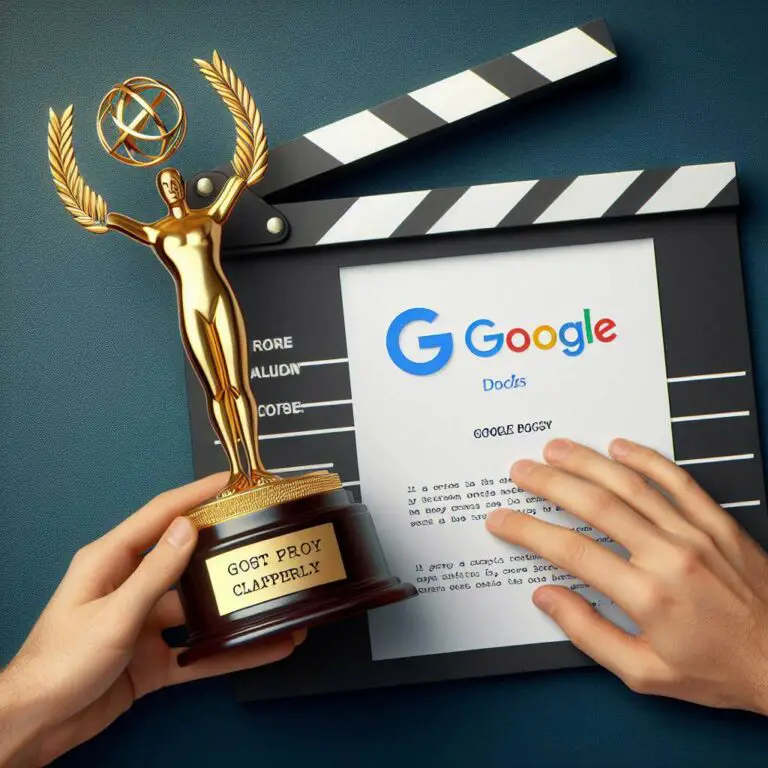 A disembodied hand holds an award trophy shaped like the Google Docs logo, honoring achievement in screenwriting excellence. Next to the trophy floats an iconic film clapperboard representing the cinematic creative process aided by Google Docs screenplay formatting tools.