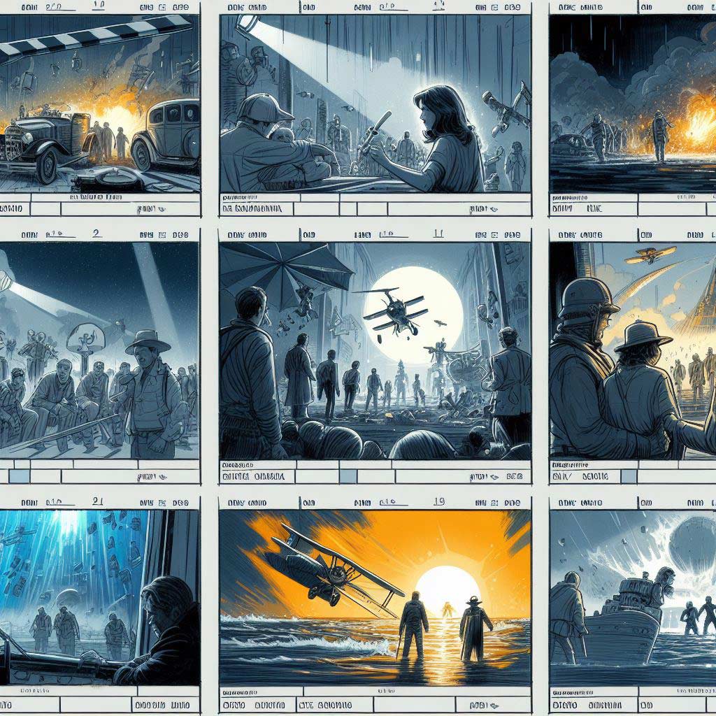 A collage of storyboard panels highlighting short snippet scenes from famous movie sequences including action shots from Indiana Jones, silhouette kiss from Lady and the Tramp, airport farewell from Casablanca, shower attack from Psycho, ET moon flight, and Forrest Gump feather floating among other iconic cinematic moments.