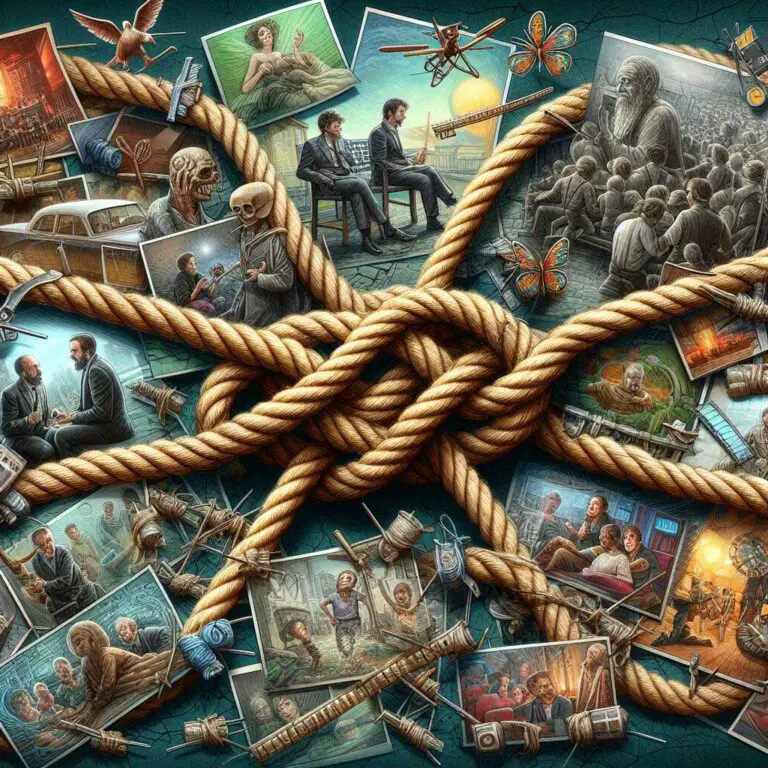 A collage of mixed up movie scenes from genres like sci-fi, western, and romance. The scenes are tied together with knotted rope, symbolizing errors in narrative structure, plot holes, and messy sequencing found in low-quality scripts. The tangled knot illustrates problems with story flow, editing transitions, character motive consistency, and coherent plot progression often seen in screenplays rejected by Hollywood executives and producers.