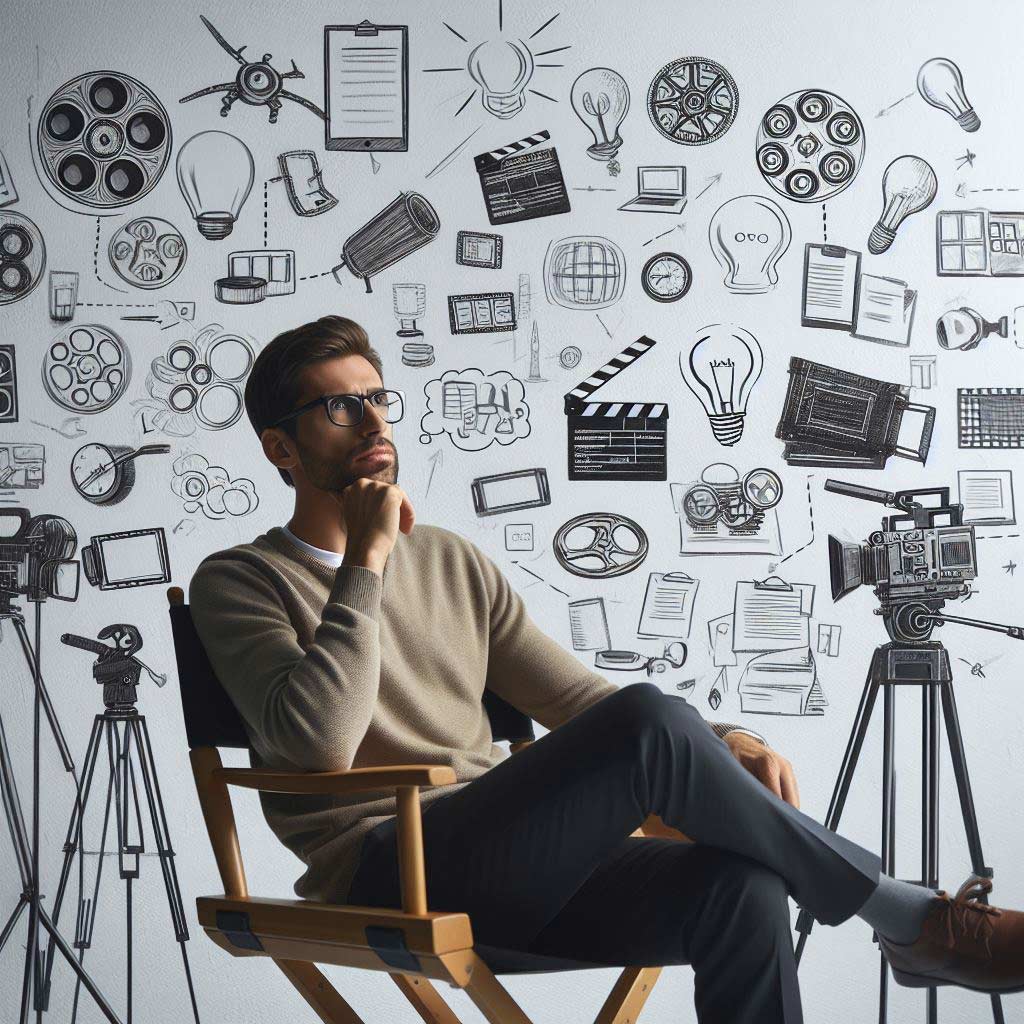 A pensive bearded man with glasses sitting in a director's chair on an empty film set, looking down thoughtfully with a pen and notebook in hand.