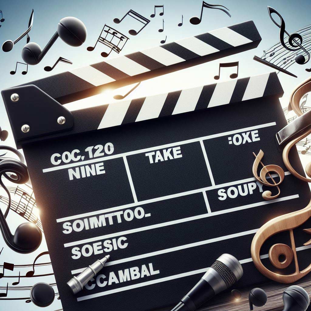 A vintage movie clapperboard with musical staff lines, treble and bass clefs, and notes hand-drawn over the white text spaces.