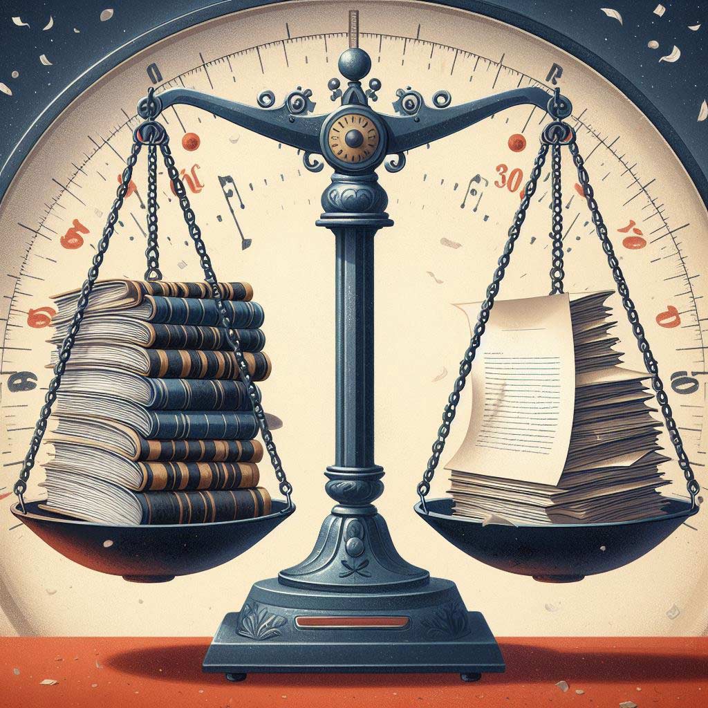 Illustration depicts old-fashioned scales weighed down on the left side with a tall stack of typewritten novel manuscript pages compared to a single screenplay script on the heavy right side causing that side to dip lower, visual metaphor for novels being easier to sell than scripts.
