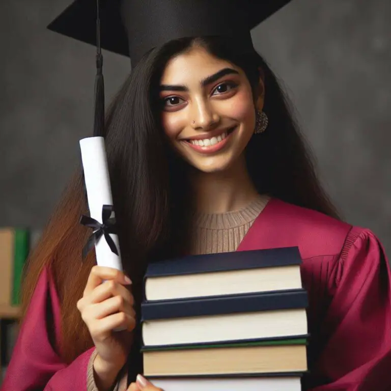 A young woman in a graduation cap and gown smiling as she holds up a college diploma in one hand and a stack of screenplays in the other.