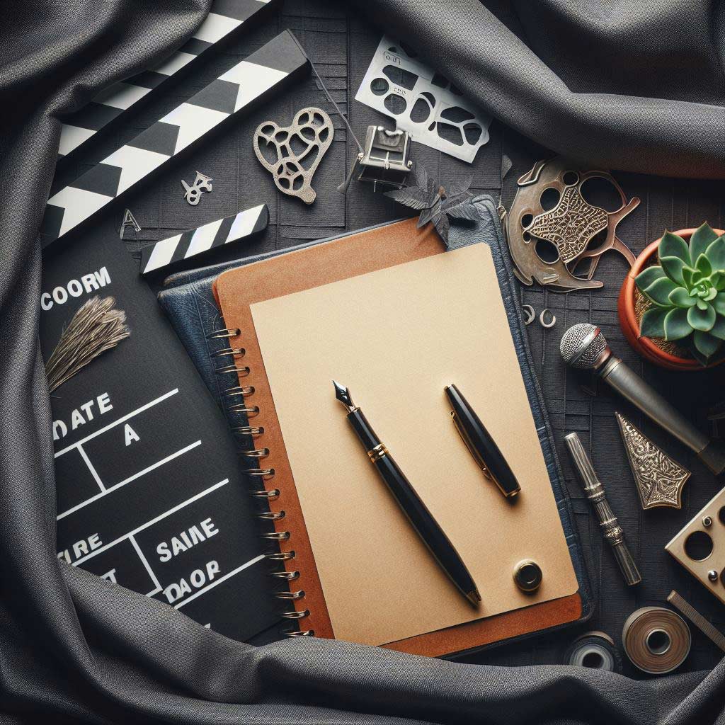 Top down view of an open screenplay on a desk with a clapperboard and fountain pen, red theater curtains in the background