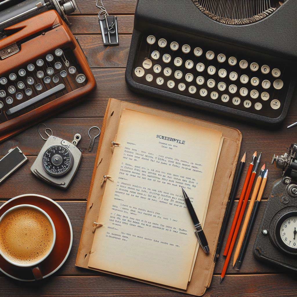 A brown wooden desk in a sunlit room with an open screenplay in progress, pages scattered across the tabletop. A vintage typewriter sits to the left beside a coffee cup, with the arm of glasses and a pen visible at the top edge. The open pages show formatted scene headings, action lines, and dialogues. Warm window light illuminates the creative writer's work space.