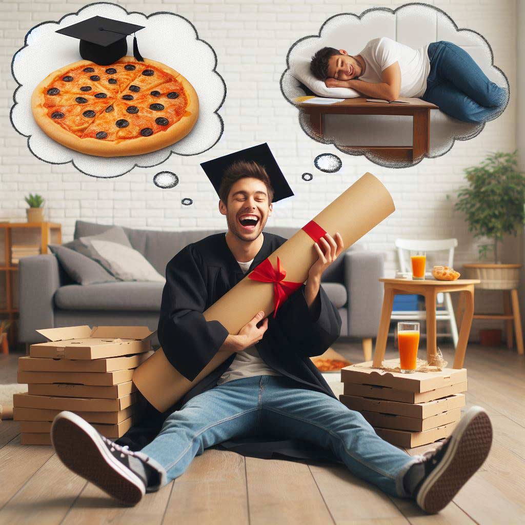 Happy college graduate in black robe and cap hugs large diploma as thought bubble appears above showing him asleep surrounded by pizza boxes in a messy apartment