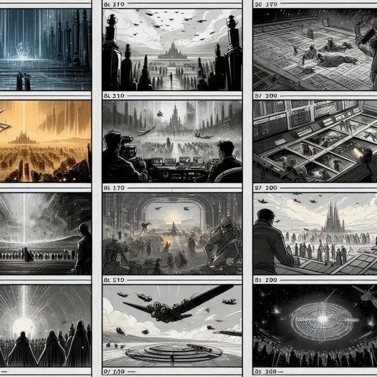 A four panel illustrated storyboard depicts key shots mapped out for a movie script, including a wide establishing shot of a city, a closeup of the main character, and a bird's eye view of a dramatic car chase scene. The vivid vector art panels showcase scriptwriting shot planning.