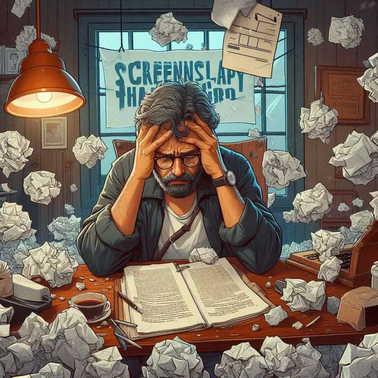 A young writer with short brown hair sits hunched over at a desk in an office. They wear a grey t-shirt and jeans. Crumpled papers surround them on the floor, each bearing the handwritten words "Screenplay Hardships." The writer holds their head in frustration as they stare at a blank page in a typewriter. This digital art illustration depicts the struggle and frustration that aspiring screenwriters face when trying to write their first script.