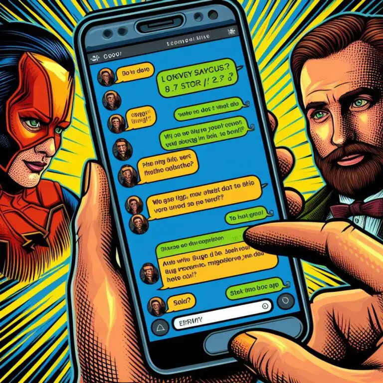 A retro comic book style image of a smartphone with a text message conversation between a man and woman with speech bubbles that say things like "where r u?" and "stuck at work".