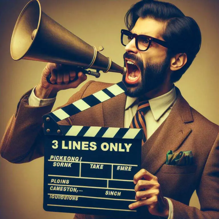 A vintage megaphone shows the words "3 Lines Only" coming out of it, relating to the screenwriting principle of establishing a character in 3 lines.