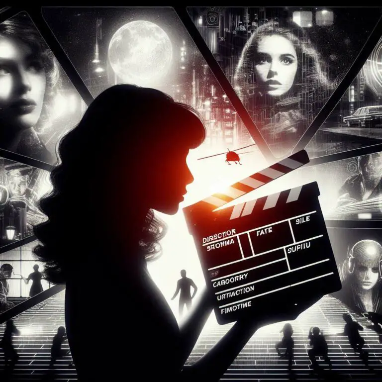 Silhouette of a film director's clapboard with projected scenes from iconic movies of different eras including black and white silent film, 80s retro, and futuristic sci-fi film.