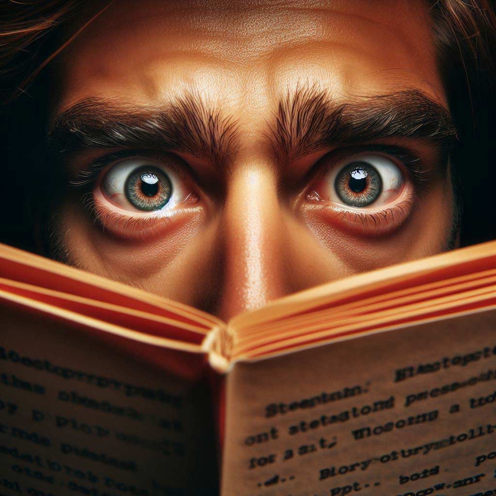 Close up portrait of wide green eyes gazing intensely at a screenplay page. The bright eyes are focused and immersed in the page.