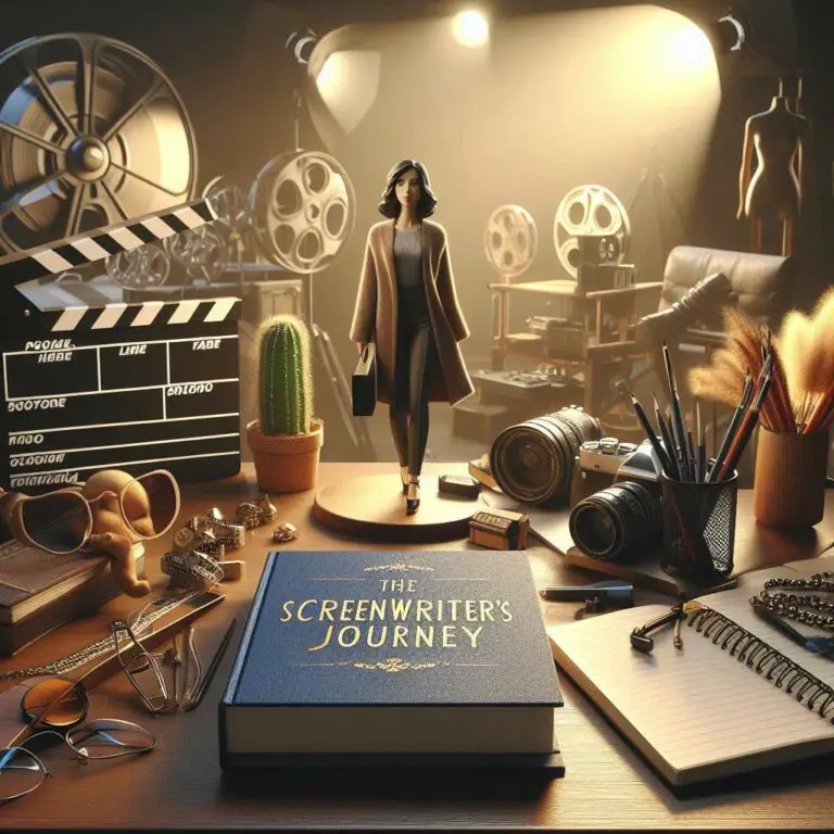A book titled "The Screenwriter's Journey" resting on top of a wooden desk surrounded by a vintage film camera, film reels, clapperboard, and notebook.