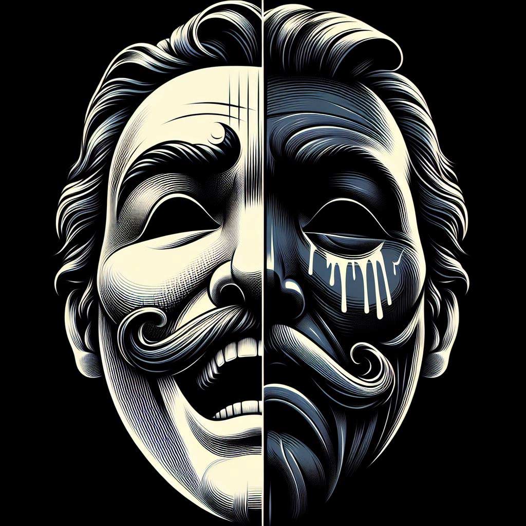 This split image features the iconic comedy and tragedy theatre masks joined together to represent the transformation a character undergoes in film and literature. The smiling comedy mask signifies the light-hearted beginning while the frowning tragedy mask displays the crucible leading to change.