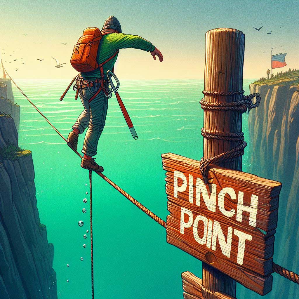 A tightrope walker wobbling on a rope with their arms stretched out, nearing a signpost that reads "Pinch Point" to represent the crucial plot turning point in a screenplay structure.