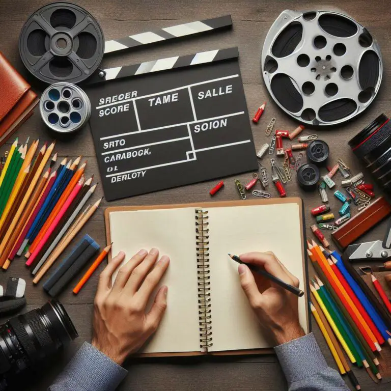 Top down view of an open screenplay on a wooden desk surrounded by various objects like colored pencils, a clapperboard, camera lenses, and film reels spilling out from the pages of the script.