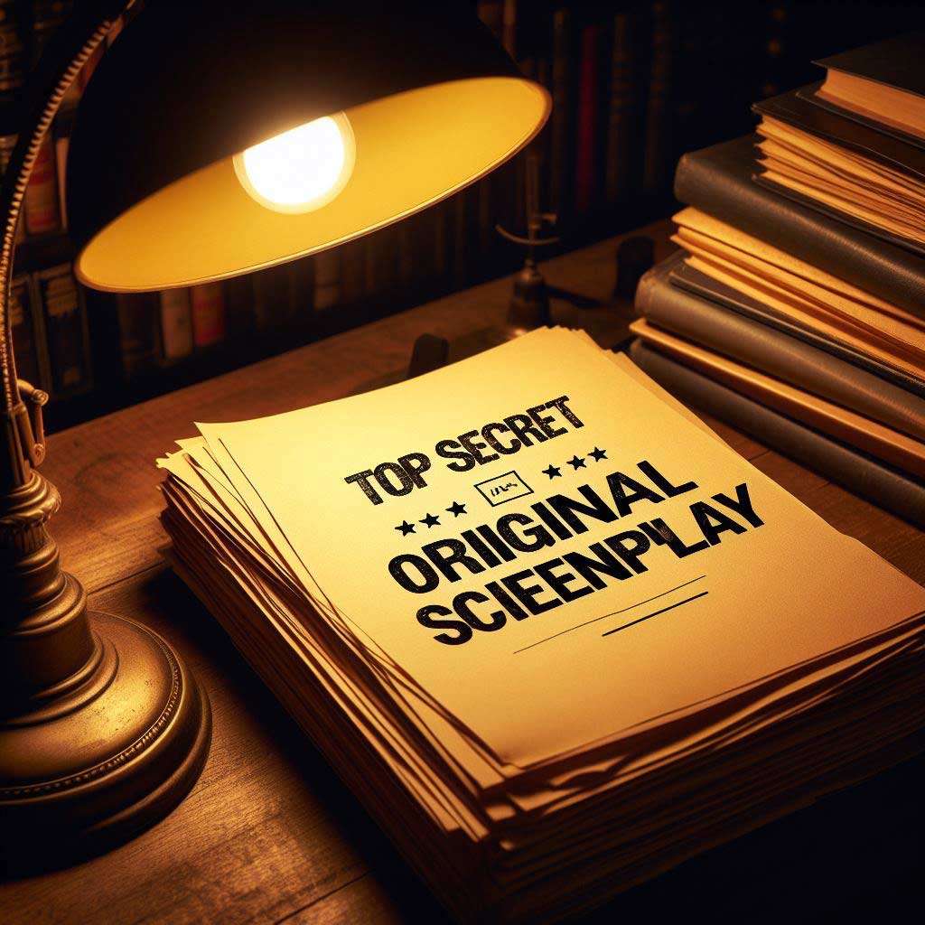 Stack of screenplay pages with "Top Secret Original Screenplay" written on the top illuminated under a vintage lamp