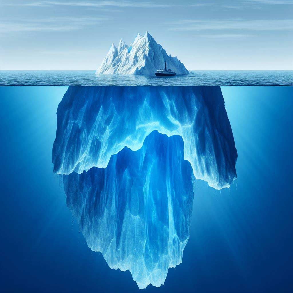 An iceberg with only a small portion showing above the water's surface. Beneath the waves glows script pages falling deep, indicating the huge amounts of unspoken meaning and character backstory left implicit by clever subtext, creating mystery and interest for engaged audiences picking up subtle clues of what lies underneath the literal dialogue.