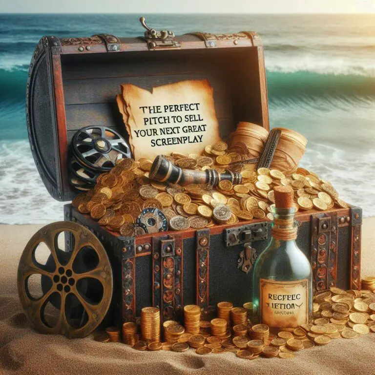 An ornate pirate-style treasure chest lies open on a sandy beach, overflowing with stacks of movie scripts, rolls of film, gold dubloons, and jewels. A glass bottle with an old parchment message inside reads "The Perfect Pitch to Sell Your Next Great Screenplay". Sunset over the ocean.