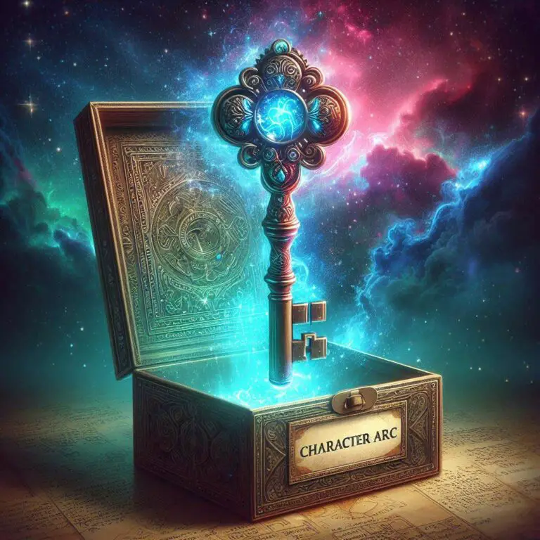 An ornately decorated old-fashioned skeleton key with the words "Character Arc" engraved on its bow. It is turned inside an ancient locked treasure chest, causing the lid to open and releasing swirls of shimmering cosmic matter and energy that glow golden like stardust. This represents the protagonist's inner transformation being at the heart of every compelling film narrative; the screenwriter unlocks their full personal growth and change potential over the course of the story