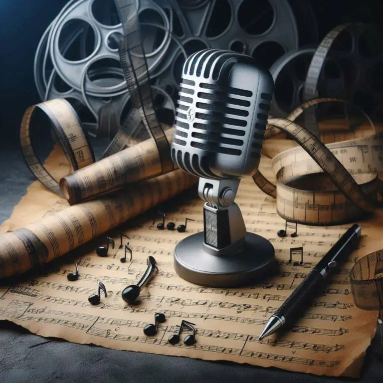 A vintage silver microphone sits atop a movie script with musical notes floating around it against a black background.
