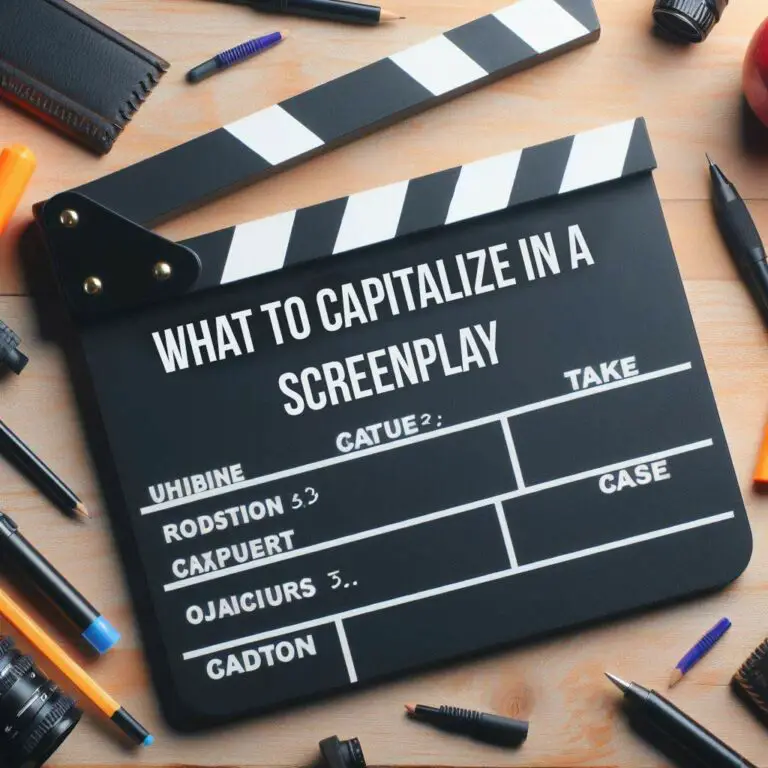 A vintage clapperboard with the text "What to Capitalize in a Screenplay" handwritten on the front in large letters on black and white strips.