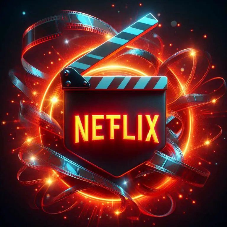 A glowing red Netflix logo badge with a movie clapperboard clicking down onto the badge as streams of movie film circle around