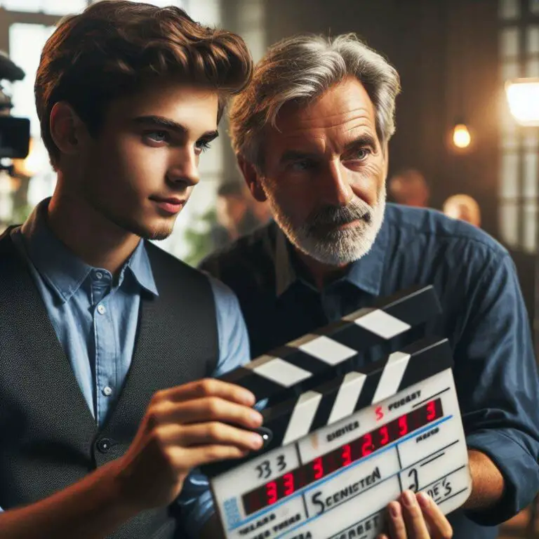 Film director apprenticeship - young filmmaker shadows experienced mentor on movie set