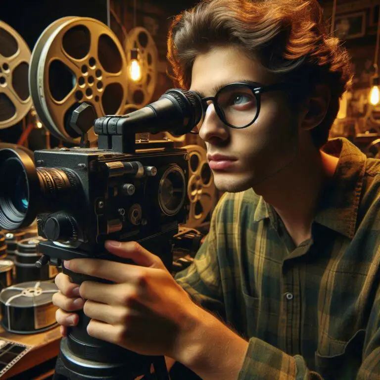 Student film director filming through vintage camera in dim studio with film reels
