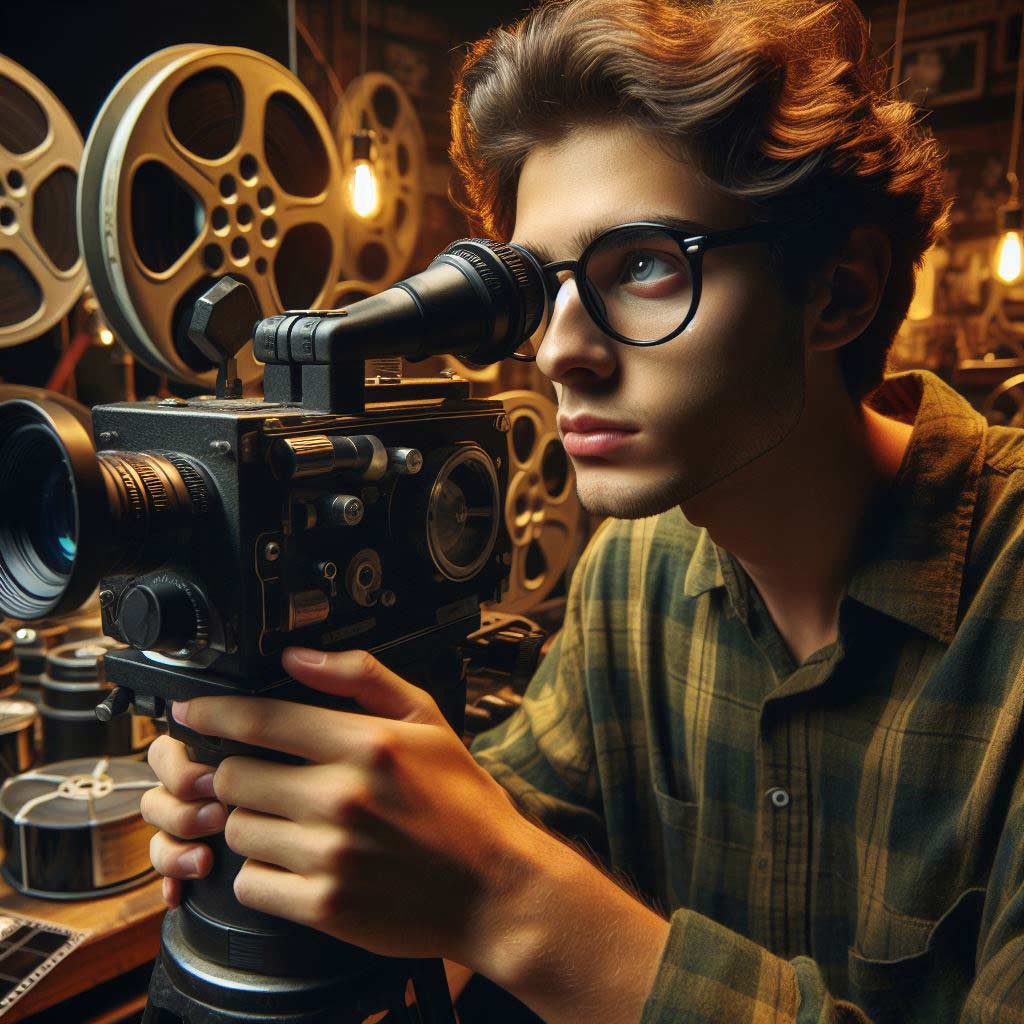 Student film director filming through vintage camera in dim studio with film reels
