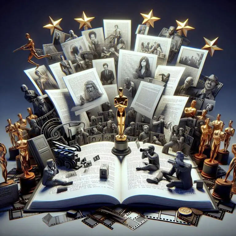 3D render of a screenplay with pages transforming into iconic movie scenes and characters, surrounded by award trophies, representing the best screenplay awards in the film industry.