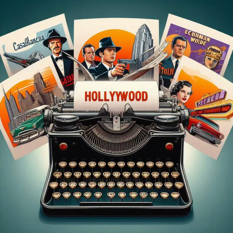 Vintage typewriter with iconic scenes from Casablanca, The Godfather, Chinatown, Pulp Fiction, and Eternal Sunshine of the Spotless Mind flying out, set against a classic Hollywood backdrop