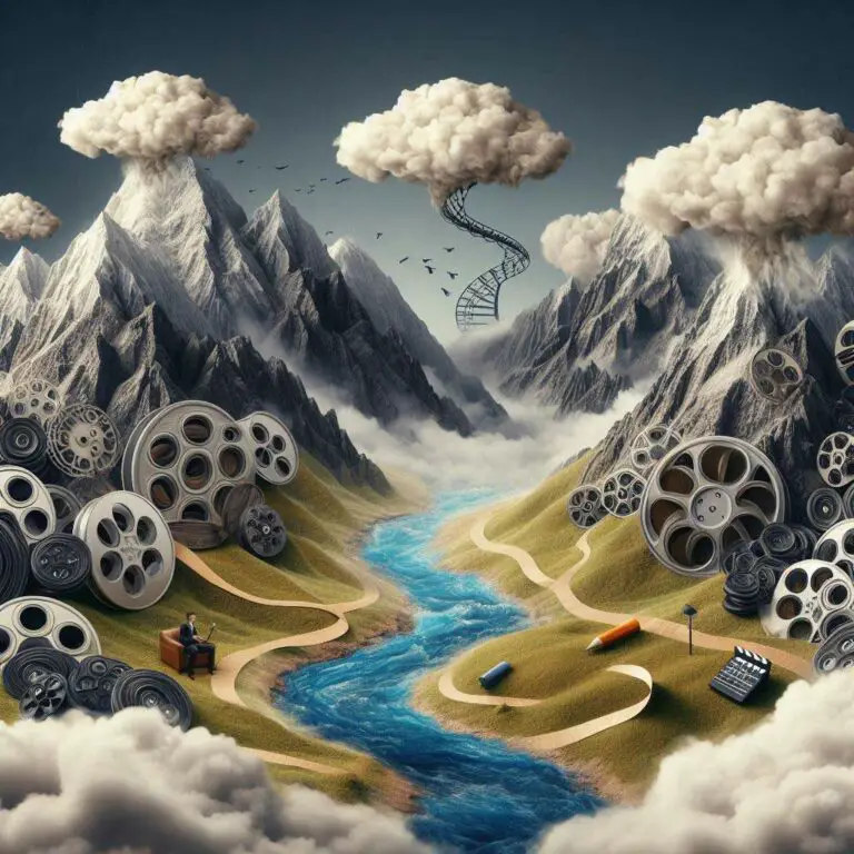 Surreal landscape depicting screenplay planning process
