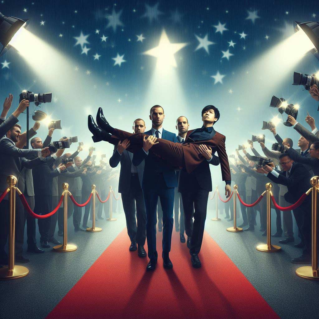 A surreal digital illustration of a film director being carried down a red carpet on a chair by assistants and managers, with bright spotlights illuminating the scene and a crowd of paparazzi photographers capturing the moment in the background