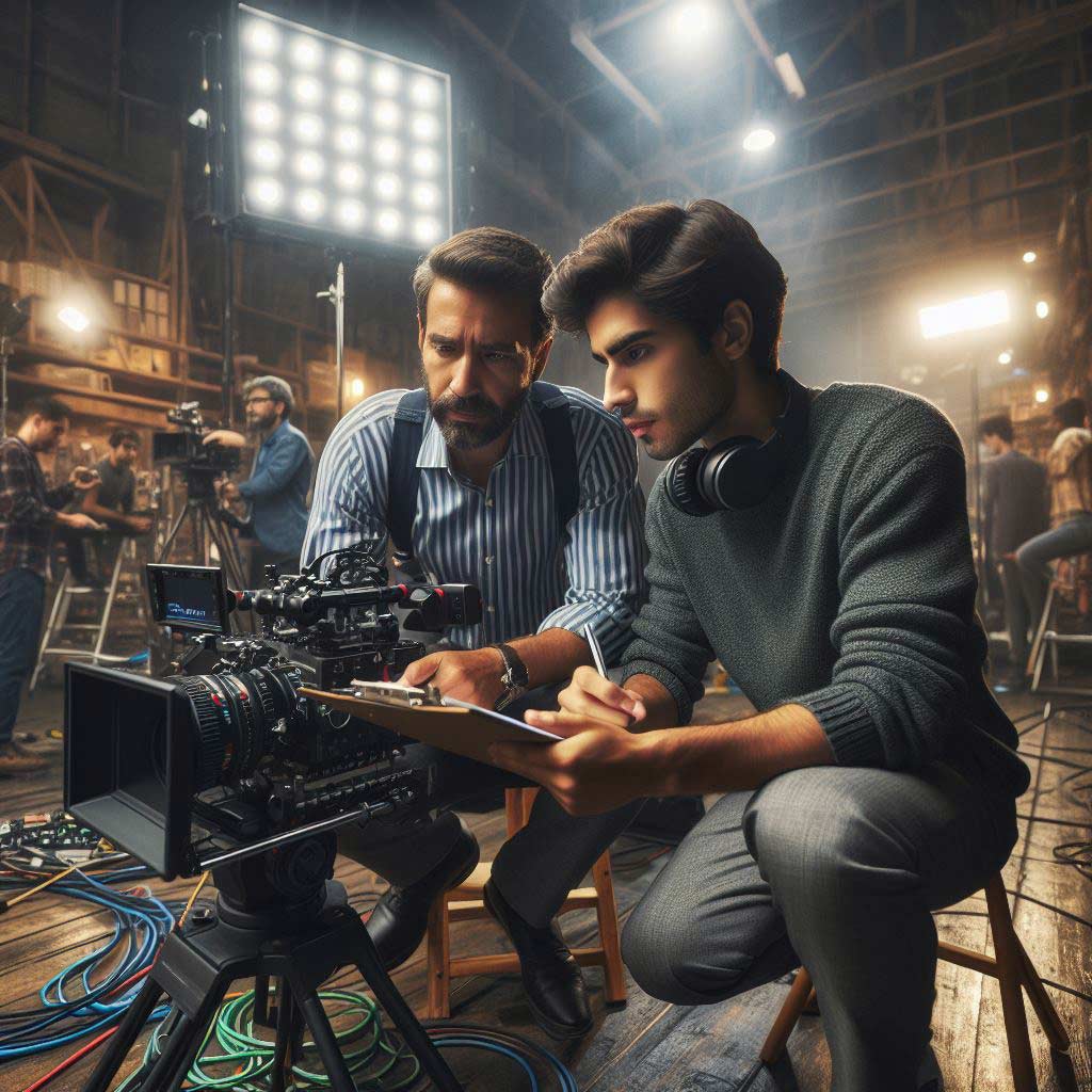 film director giving instructions to assistant on busy movie set