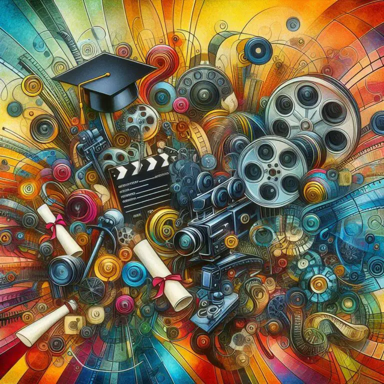 Abstract collage of filmmaking and academic elements