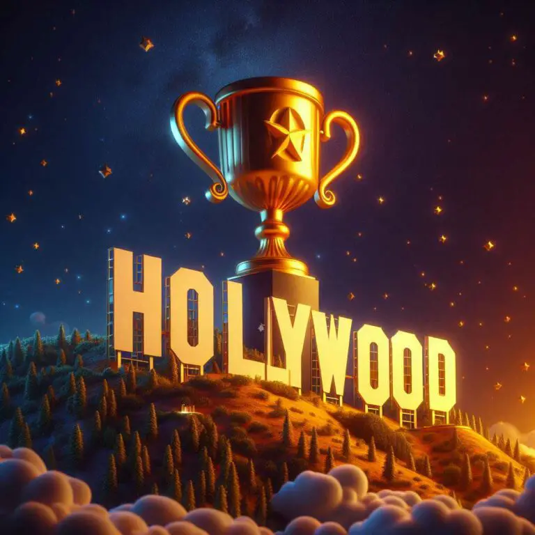 The iconic Hollywood sign in Los Angeles with the letter "O" transformed into a large, golden trophy cup acknowledging screenwriting success. The 3D rendered trophy stands out vividly against the white Hollywood letters on the hillside.