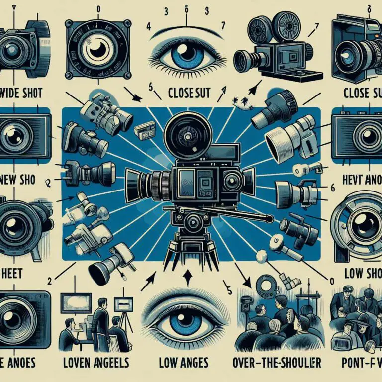 An illustration depicts the different camera shot types used in filmmaking and cinematography including wide shots, close-ups, bird's eye view shots, high angles, low angles, over-the-shoulder shots, and point-of-view shots.