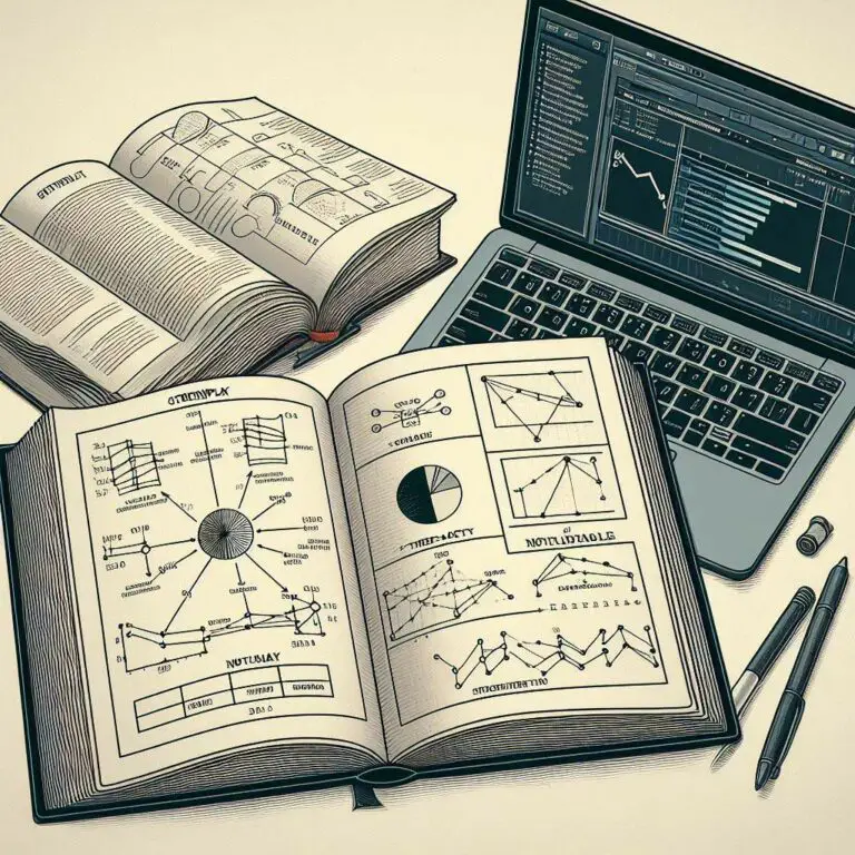 Open book with screenplay structure diagrams and plots next to laptop